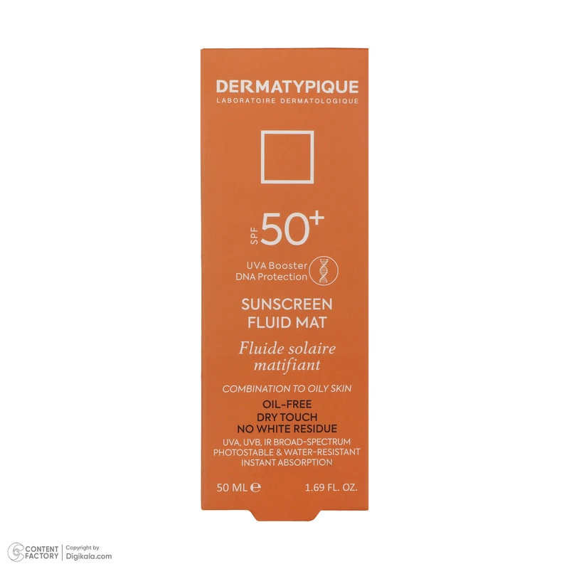 فلوئید ضدآفتاب بیرنگ درماتیپیک +SPF50 مدل SFM، مناسب پوستهای چرب، حجم 50 میلیلیتر