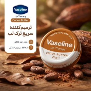 بالم لب مرطوب‌کننده وازلین مدل Cocoa Butter وزن 20 گرم با کره کاکائو، ترمیم‌کننده سریع ترک لب، محافظ در برابر باد و خشکی، فاقد الکل و با رایحه ملایم