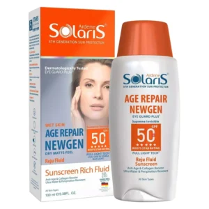 لوسیون ضد آفتاب بی‌رنگ آردن سولاریس، SPF 50، مدل Age Repair Newgen، مناسب انواع پوست با حجم 100 میلی لیتر، ضد آب و محافظت‌کننده در برابر اشعه‌های PA++++ ،UVA ،UVB، ضد پیری، دارای فرمولاسیون کلاژن، با ماندگاری ۲ ساعته