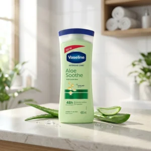 لوسیون بدن وازلین مدل Aloe Soothe حجم 400 میلی‌لیتر، آبرسان قوی، حاوی عصاره آلوئه ورا و ویتامین E، فاقد چربی، جذب سریع، مرطوب‌کننده پوست‌های نرمال تا خشک، با ماندگاری 48 ساعت و رایحه دلپذیر