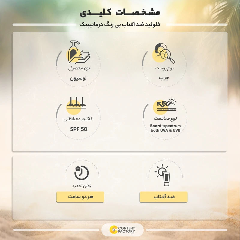 فلوئید ضدآفتاب بیرنگ درماتیپیک +SPF50 مدل SFM، مناسب پوستهای چرب، حجم 50 میلیلیتر