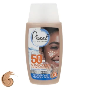 کرم ضد آفتاب رنگی پیکسل، SPF 50، مدل GOLDEN BEIGE، مناسب پوست‌های آکنه‌دار و چرب با تنالیته تیره و حجم 50 میلی‌لیتر، محافظت‌کننده در برابر اشعه‌های UVA و PA ،UVB+++، ضد جوش و آکنه، دارای فرمولاسیون فاقد چربی و هیالورونیک اسید، با ماندگاری 2 ساعته